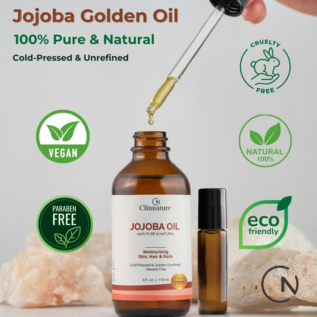Jojoba Golden Oil - Premium Quality, 100% Pure & Natural for Hair & Nails, Cuticle Oil, Cold Pressed, Deep Moisturizing Skin & Body Oil with Vitamin E, with Dropper & Roller Applicator