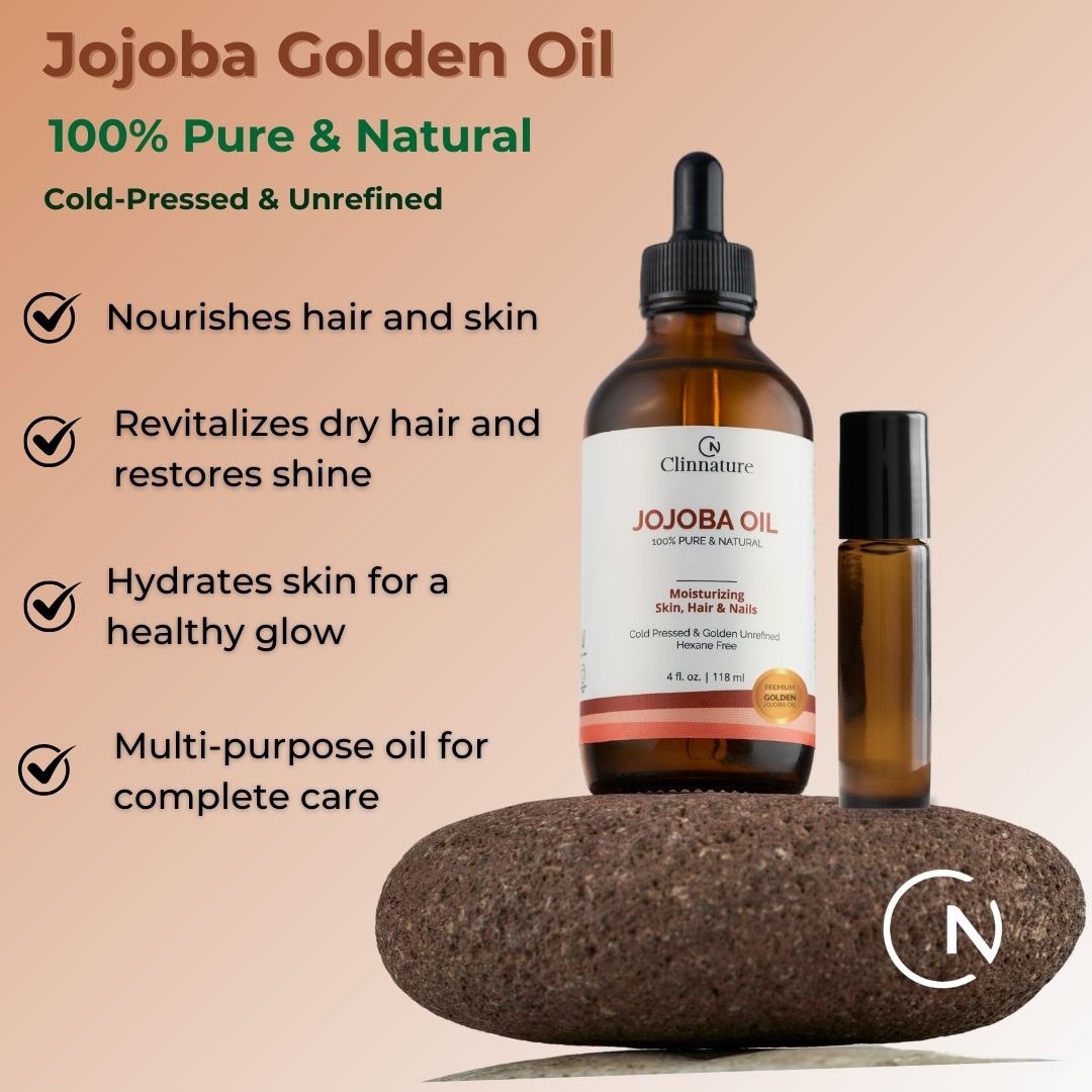 Jojoba Golden Oil - Premium Quality, 100% Pure & Natural for Hair & Nails, Cuticle Oil, Cold Pressed, Deep Moisturizing Skin & Body Oil with Vitamin E, with Dropper & Roller Applicator