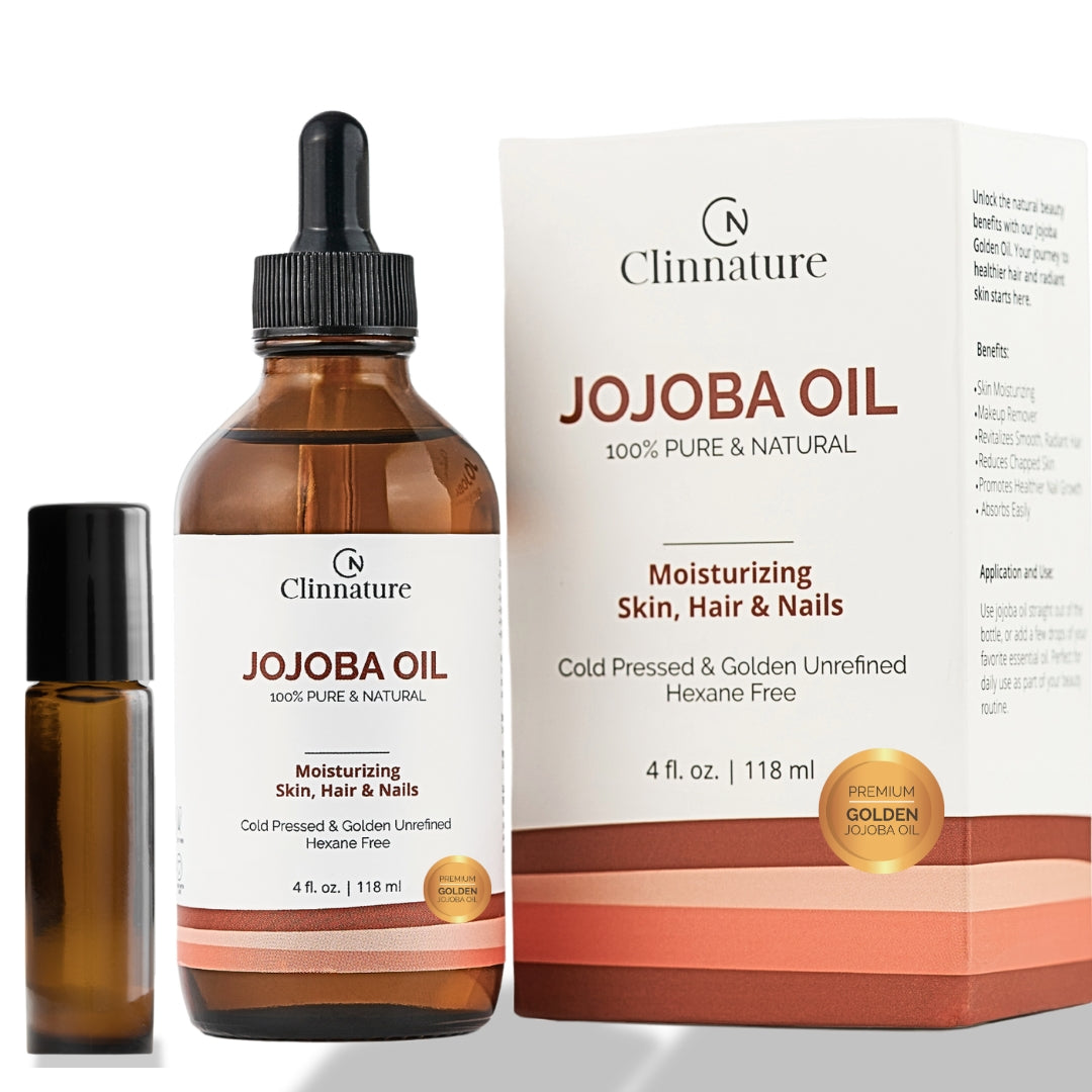 Jojoba Golden Oil - Premium Quality, 100% Pure & Natural for Hair & Nails, Cuticle Oil, Cold Pressed, Deep Moisturizing Skin & Body Oil with Vitamin E, with Dropper & Roller Applicator