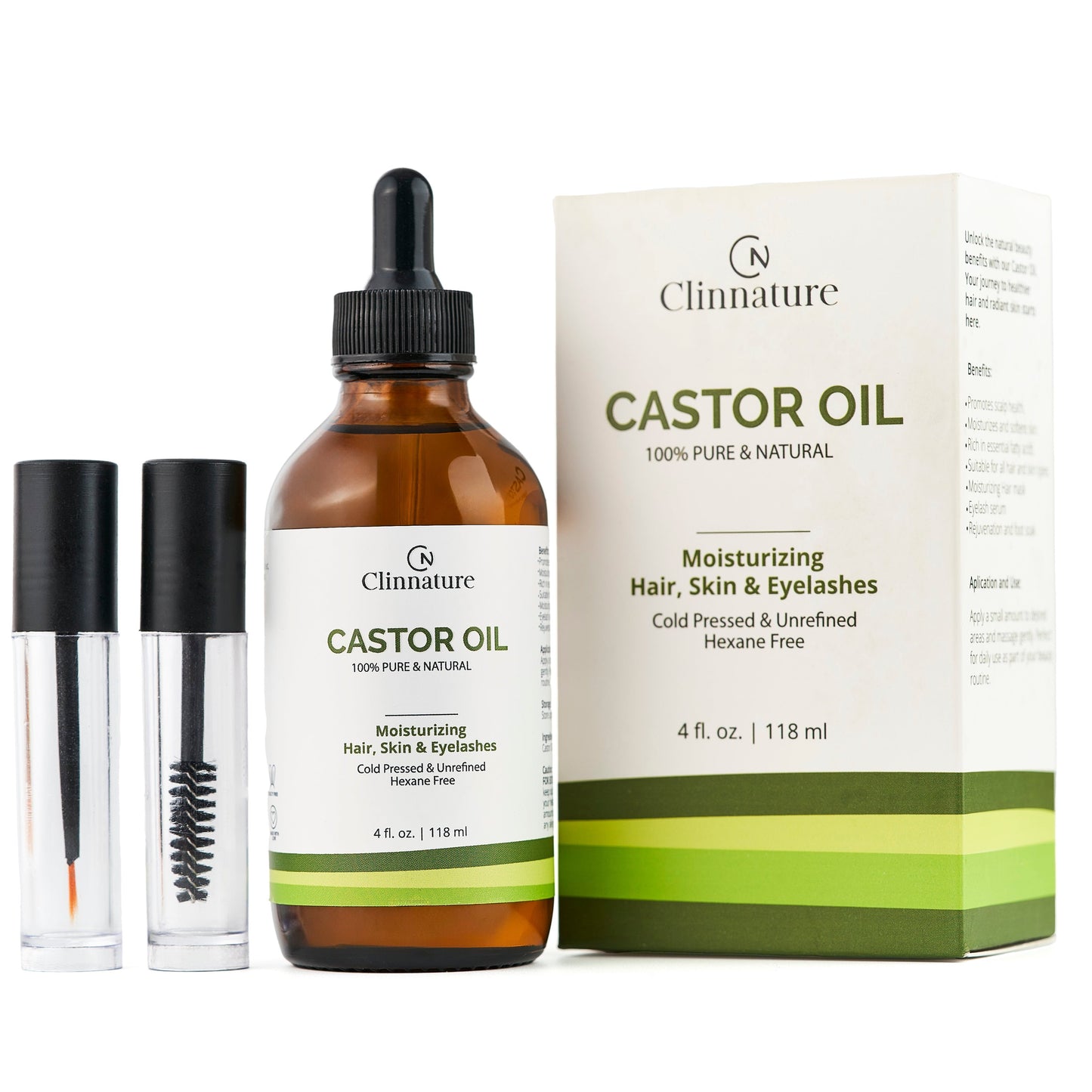 Castor Oil 100% Pure & Natural | Cold Pressed & Hexane-Free | Eyelash, Eyebrow & Hair Growth Serum |Free Kit 2 Pre-Filled Eyelash & Brow Brushes | 4 fl oz (118 ml) Glass Bottle.