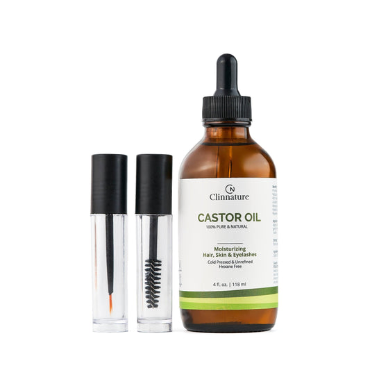 Castor Oil 100% Pure & Natural | Cold Pressed & Hexane-Free | Eyelash, Eyebrow & Hair Growth Serum |Free Kit 2 Pre-Filled Eyelash & Brow Brushes | 4 fl oz (118 ml) Glass Bottle.